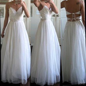 De Laru white silver glitter mesh tulle tutu backless a-line formal prom dress